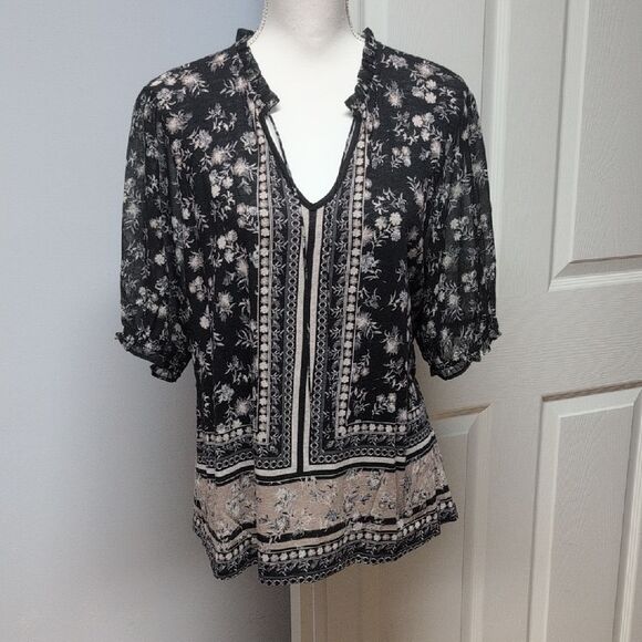 Lucky Brand Tops - Lucky Brand Floral Black and Cream Women's Top Size L